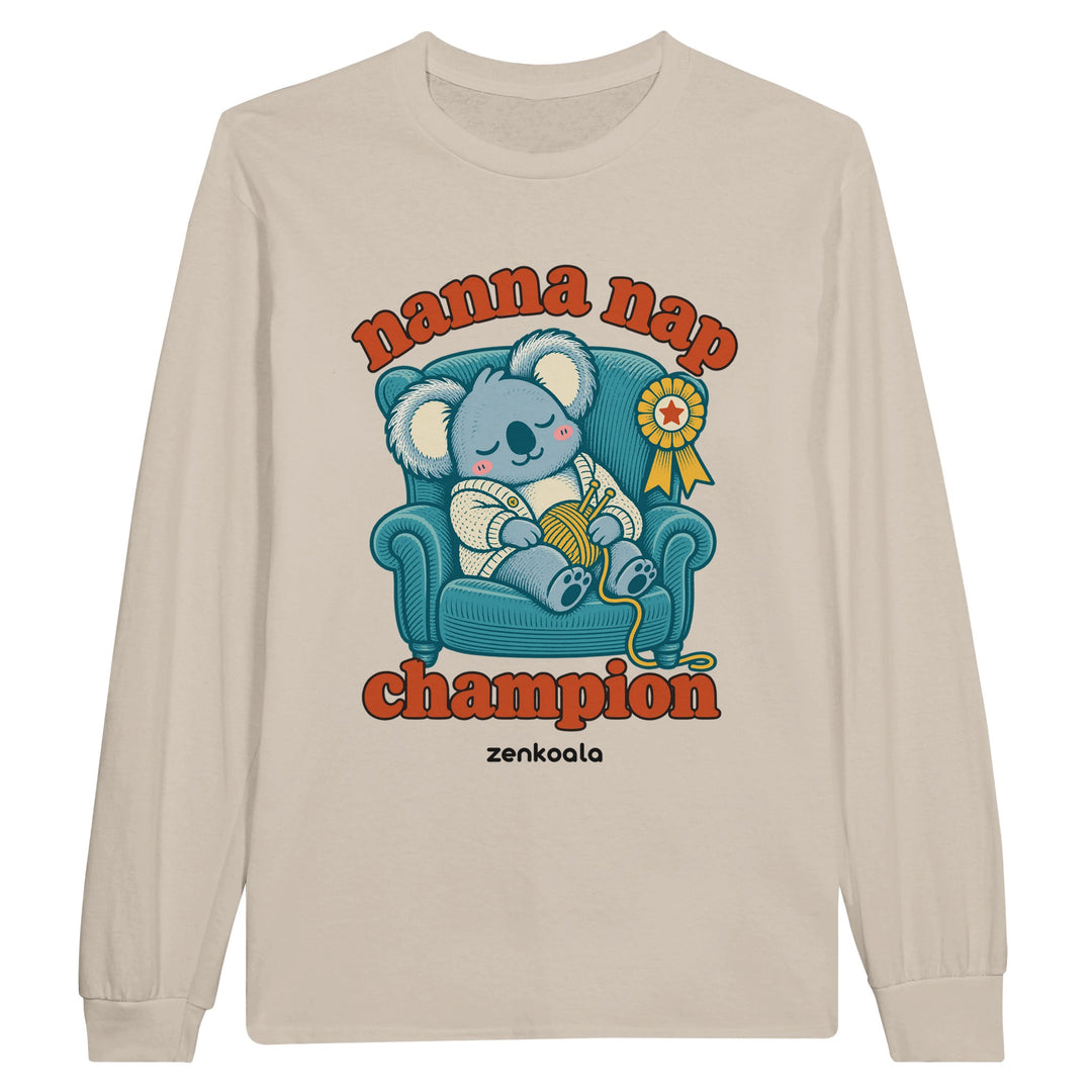 Nanna Nap Champion feel-good long sleeve tee in sand, Zen Koala Australia