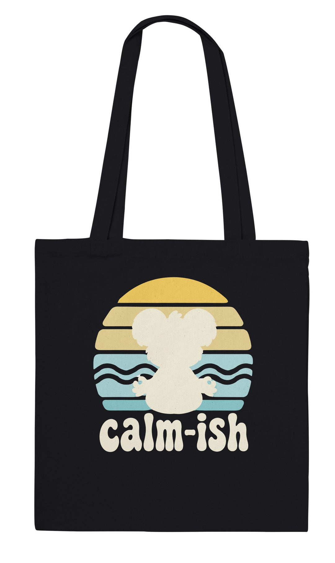 Calm-ish Retro Sunset Koala feel-good tote bag in black, Zen Koala Australia