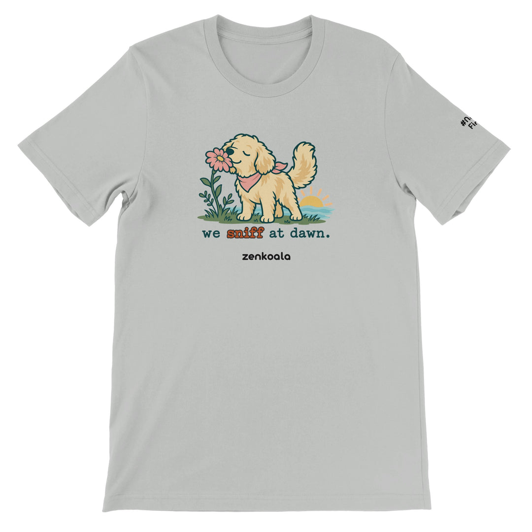 We Sniff at Dawn feel-good tee in silver, Zen Koala Australia