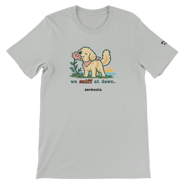 We Sniff at Dawn feel-good tee in silver, Zen Koala Australia