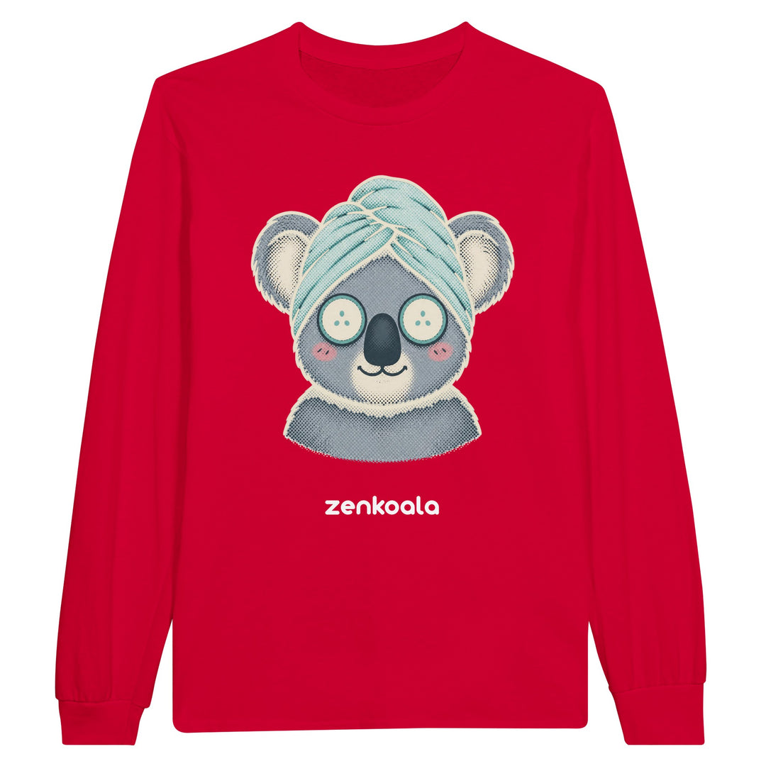 Koala Spa Day long sleeve tee in red — Zen Koala Australia