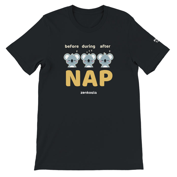 Before Nap Nap After Nap Koala feel-good tee in black: three koalas before, during and after a nap, Zen Koala Australia