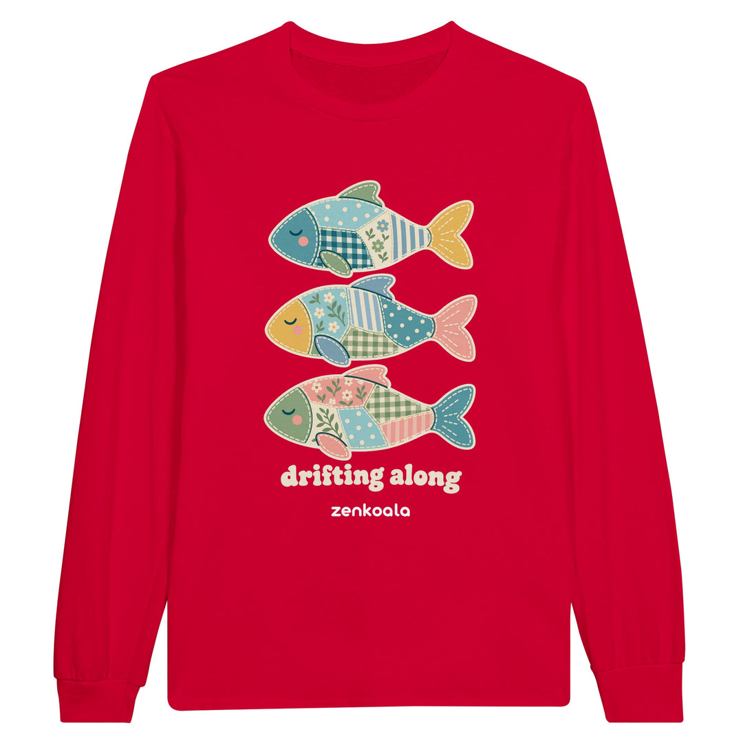 Drifting Along Fish feel-good long sleeve tee in red, Zen Koala Australia