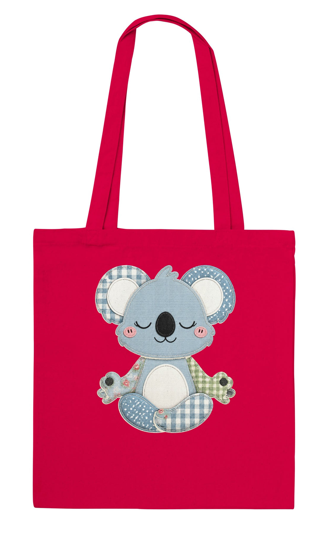 Faux Patchwork Meditating Koala feel-good tote bag in red, Zen Koala Australia