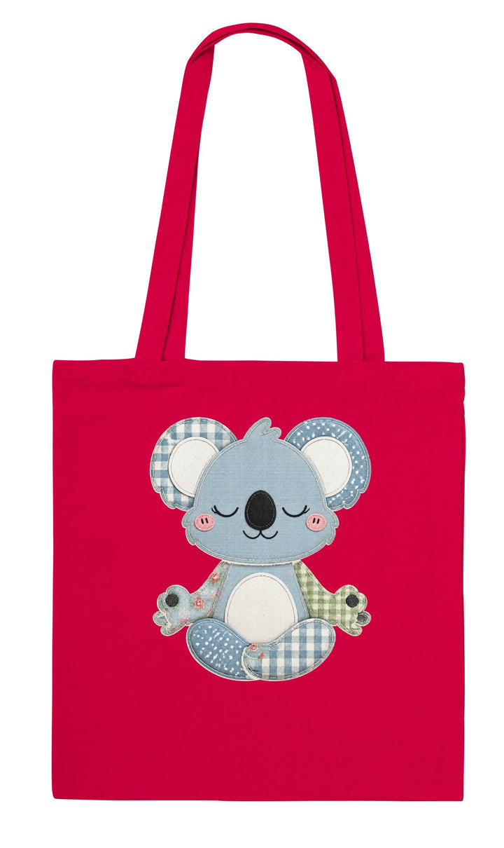 Faux Patchwork Meditating Koala feel-good tote bag in red, Zen Koala Australia