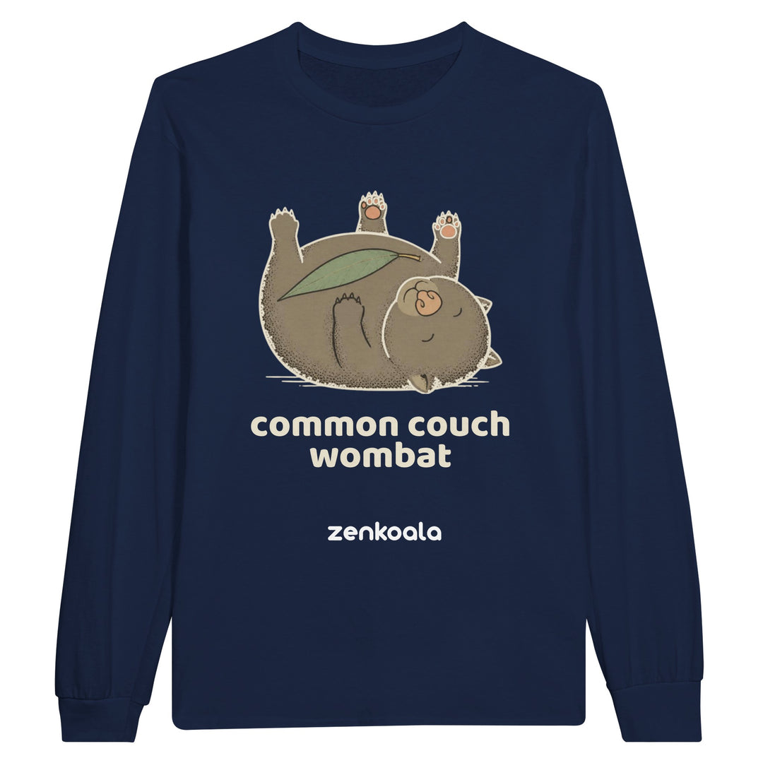 Common Couch Wombat long sleeve tee in navy — a wombat flat out on its back with a gum leaf, Zen Koala Australia