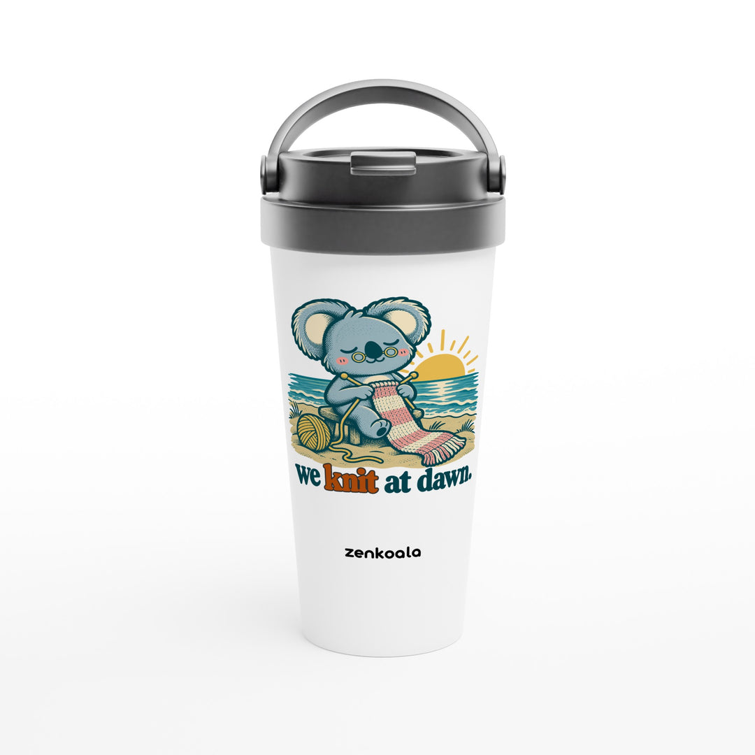 We Knit at Dawn feel-good travel mug: a koala knitting on the beach, Zen Koala Australia