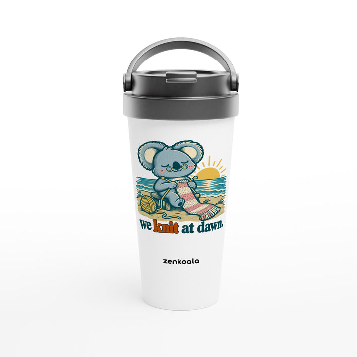 We Knit at Dawn feel-good travel mug: a koala knitting on the beach, Zen Koala Australia