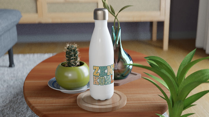 Zen Koala Faux Patchwork water bottle on a wooden table with a cactus, Zen Koala Australia