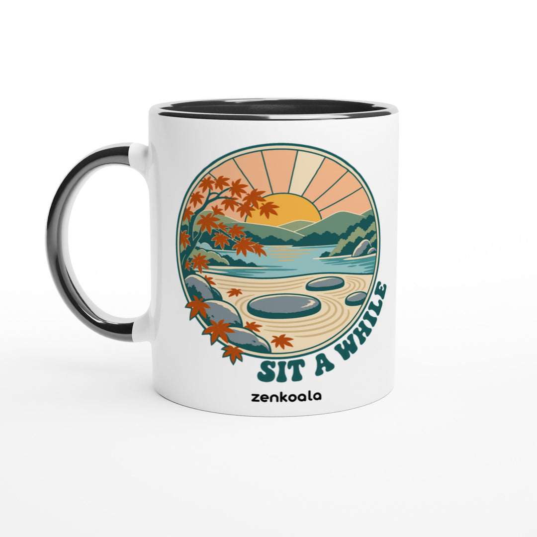 Zen Garden Sit a While feel-good mug: an empty stone in a calm zen garden, Zen Koala Australia