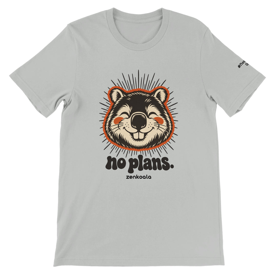 No Plans feel-good tee in silver: a grinning wombat, Zen Koala Australia