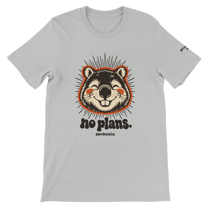 No Plans feel-good tee in silver: a grinning wombat, Zen Koala Australia