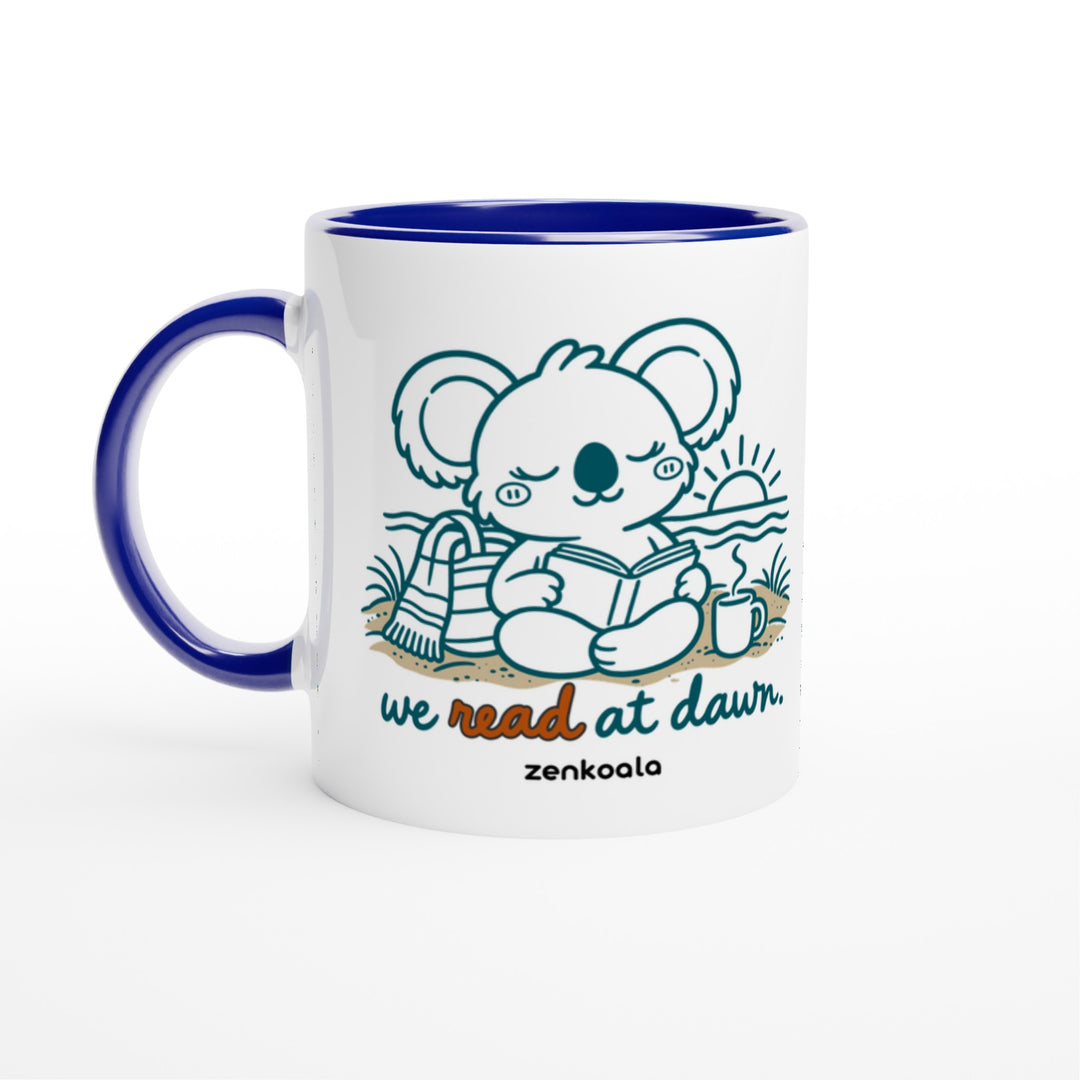 We Read at Dawn mug in blue: white with a blue rim, inside and handle, Zen Koala Australia