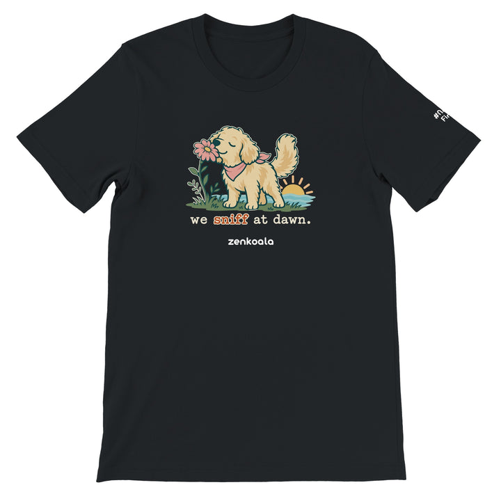 We Sniff at Dawn feel-good tee in black, Zen Koala Australia