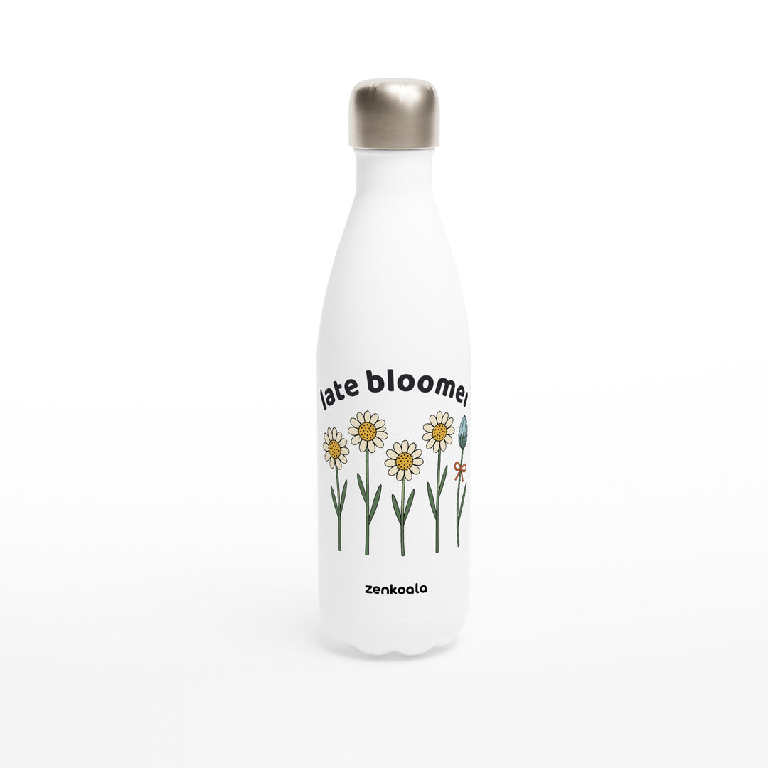 Late Bloomer feel-good water bottle: four daisies and one bud taking its time, Zen Koala Australia