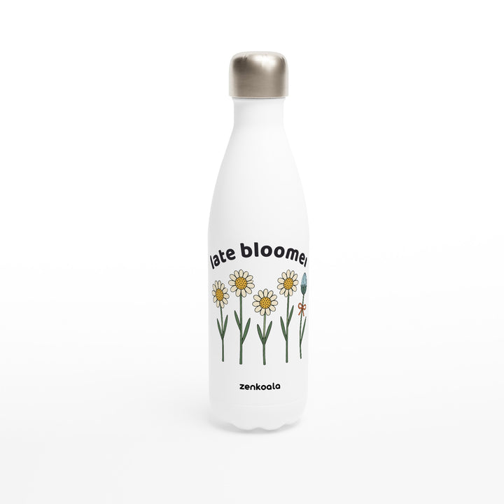 Late Bloomer feel-good water bottle: four daisies and one bud taking its time, Zen Koala Australia