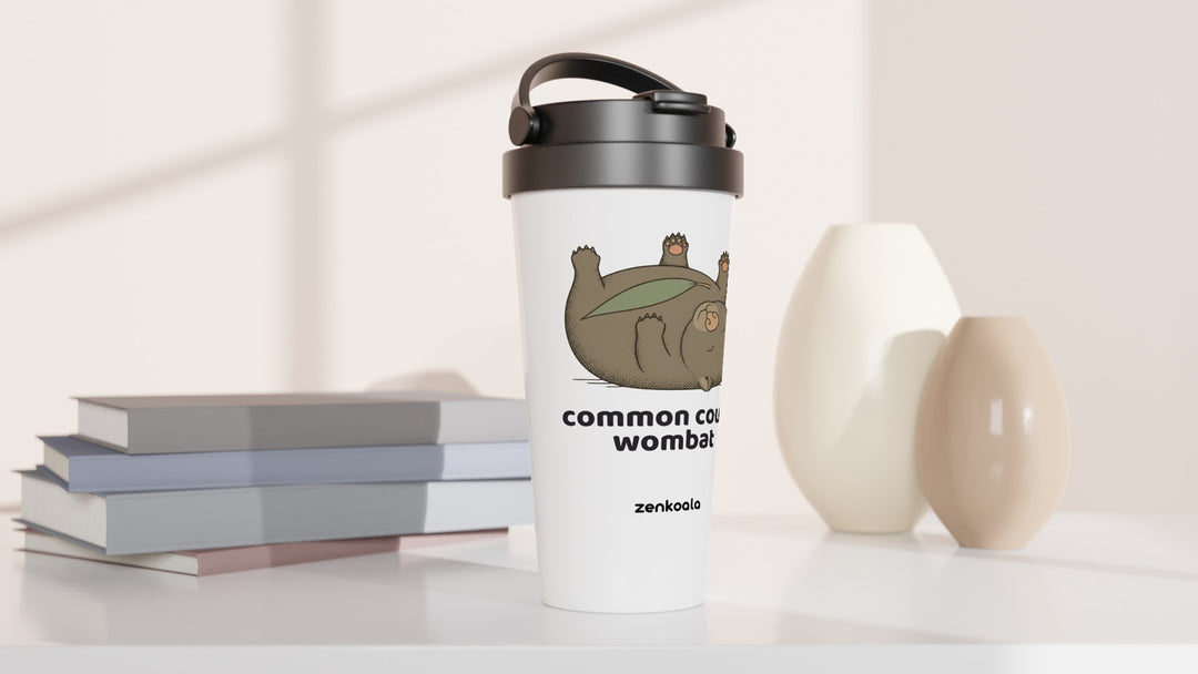 Common Couch Wombat travel mug beside books and vases, Zen Koala Australia