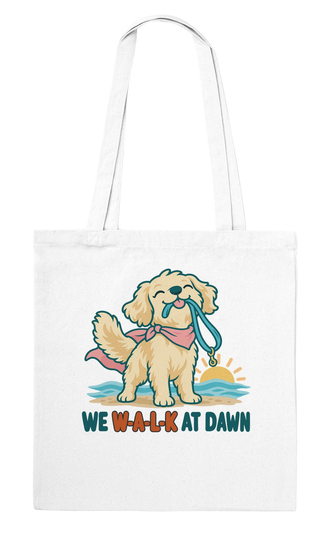 We Walk at Dawn feel-good tote bag in white: a golden retriever with its lead, Zen Koala Australia