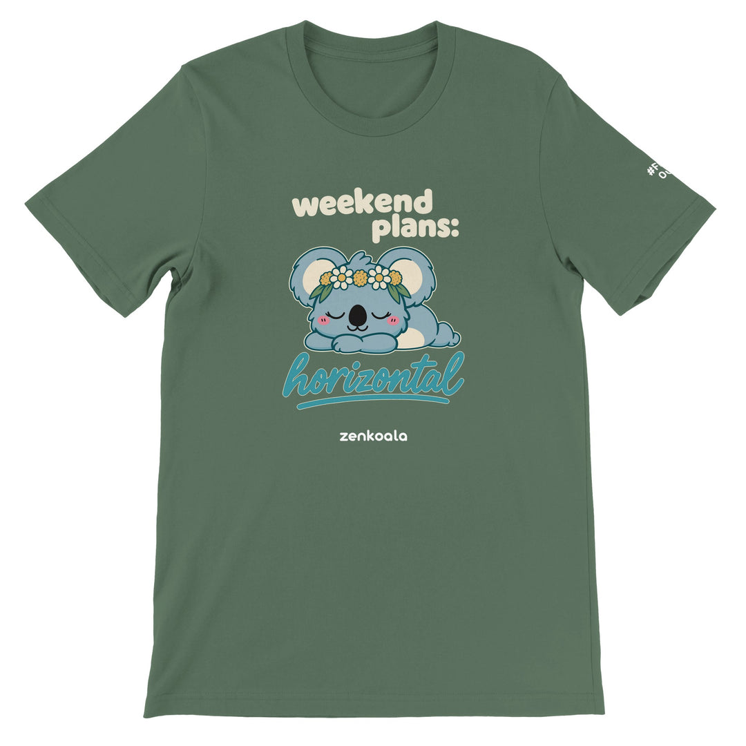 Weekend Plans Horizontal Koala feel-good tee in military green, Zen Koala Australia
