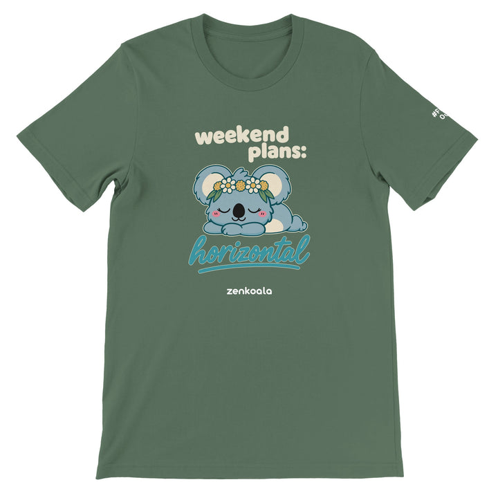Weekend Plans Horizontal Koala feel-good tee in military green, Zen Koala Australia