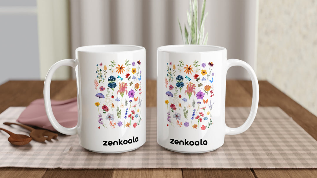 Two Stay Wild 15oz mugs on a table, showing both sides of the design, Zen Koala Australia