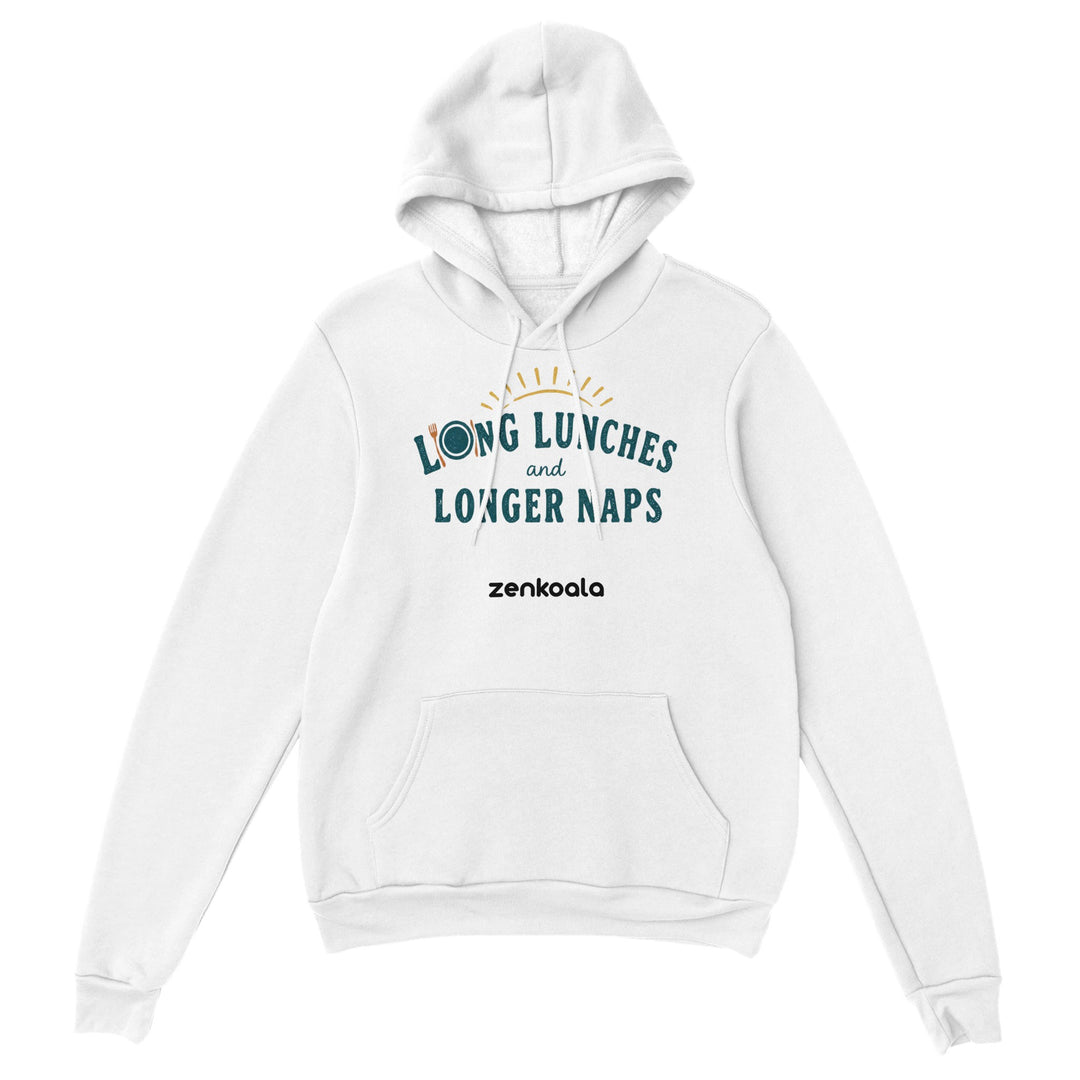 Long Lunches and Longer Naps feel-good hoodie in White — Zen Koala Australia