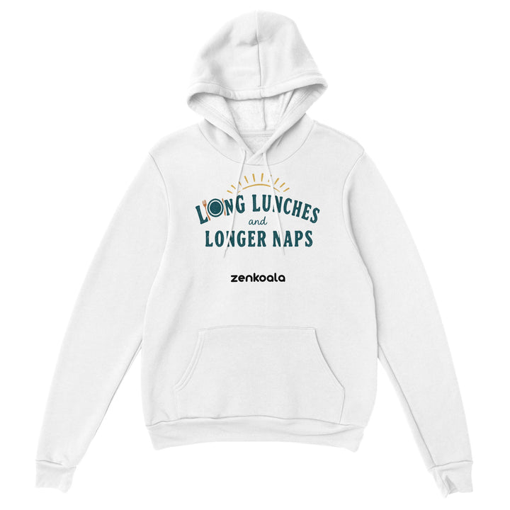 Long Lunches and Longer Naps feel-good hoodie in White — Zen Koala Australia