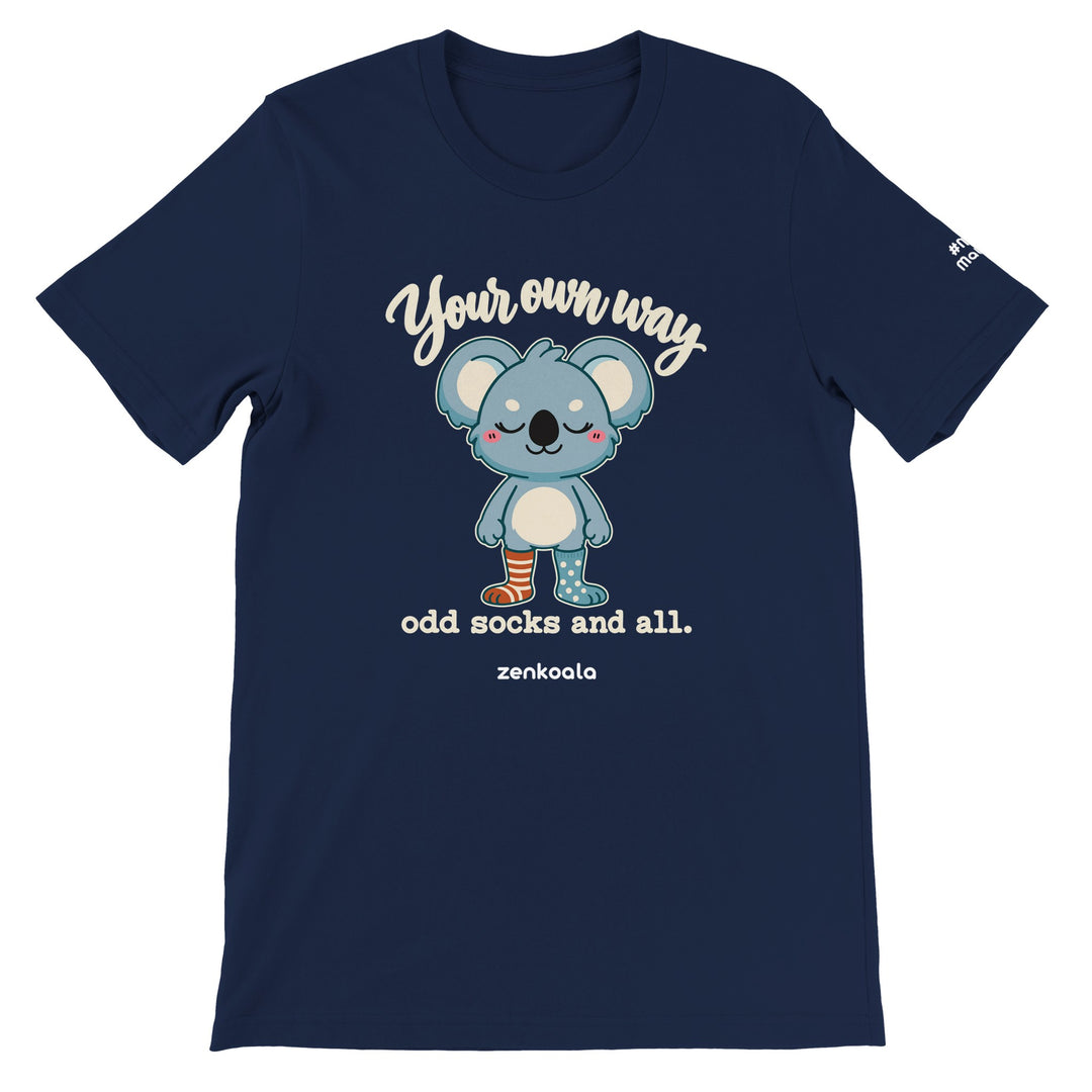 Your Own Way feel-good tee in navy: a koala in odd socks, Zen Koala Australia