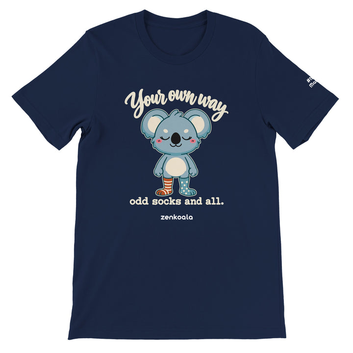 Your Own Way feel-good tee in navy: a koala in odd socks, Zen Koala Australia