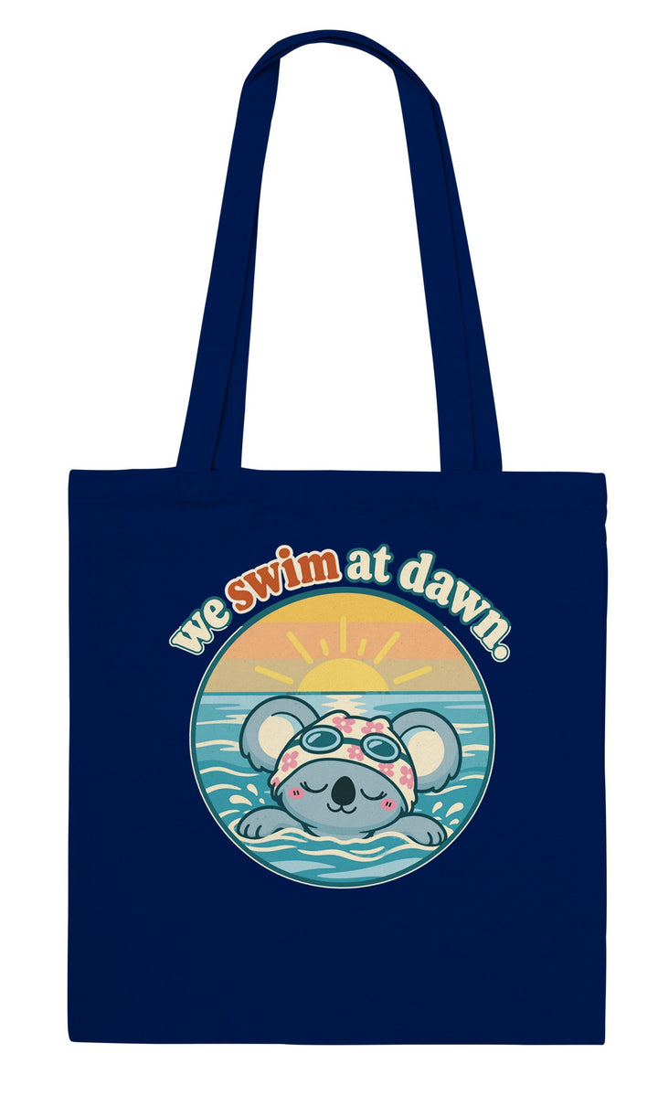 We Swim at Dawn feel-good tote bag in navy, Zen Koala Australia
