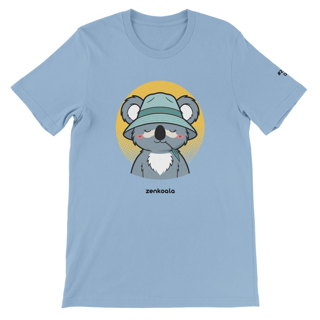 Koala Zinc and Bucket Hat feel-good tee in light blue, Zen Koala Australia