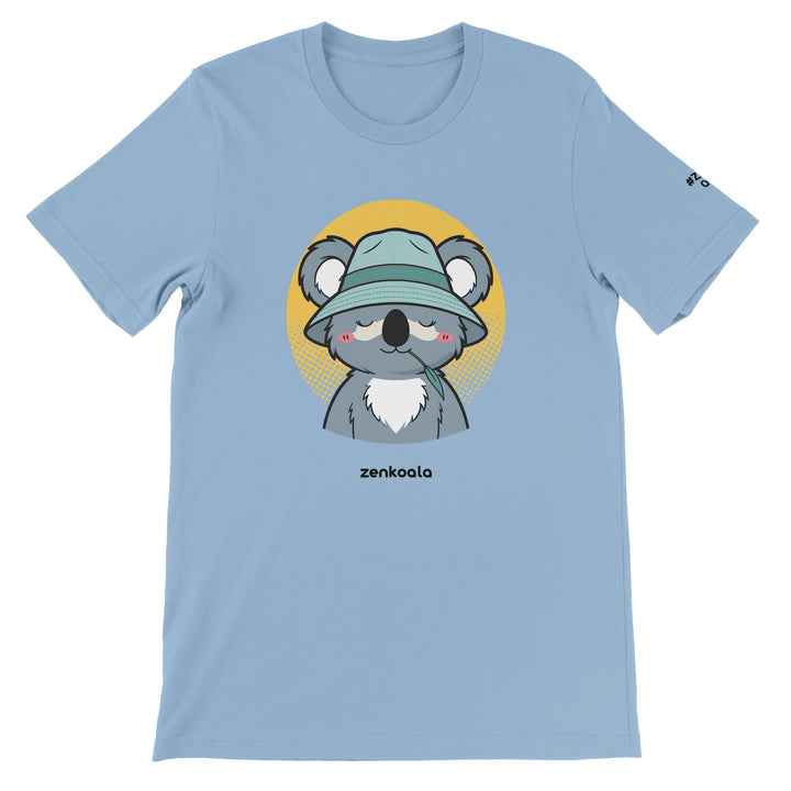 Koala Zinc and Bucket Hat feel-good tee in light blue, Zen Koala Australia