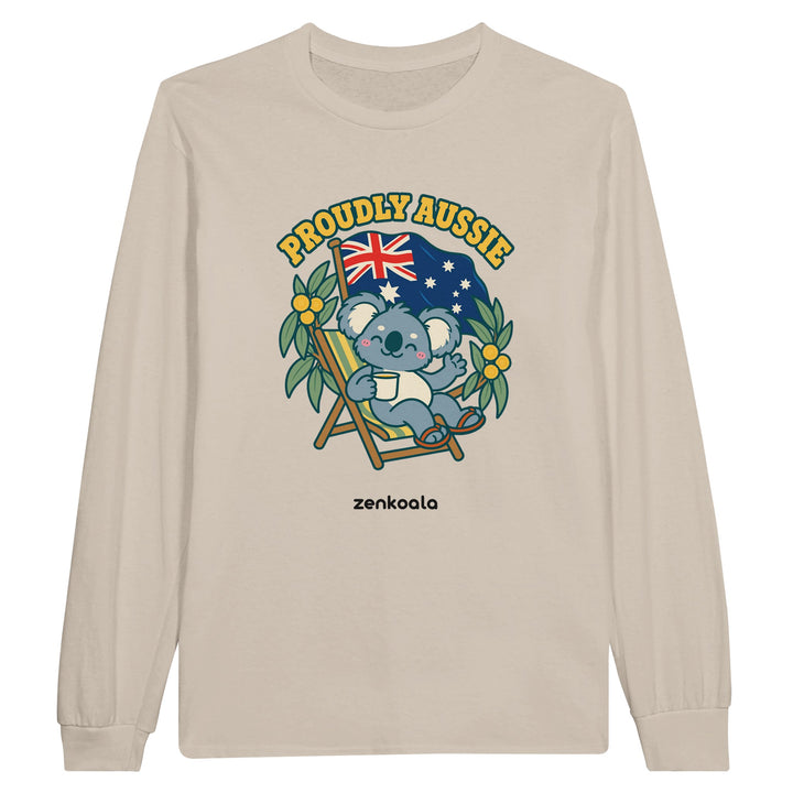 Proudly Aussie feel-good long sleeve tee in sand, Zen Koala Australia