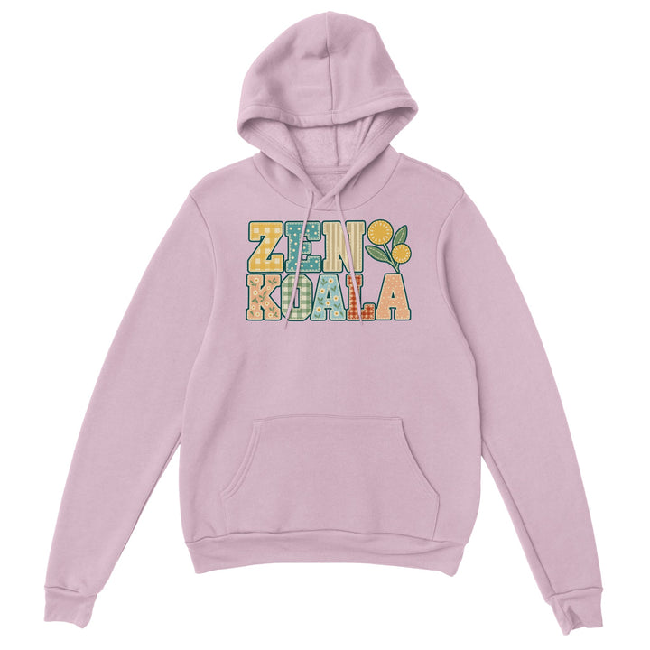 Zen Koala Faux Patchwork feel-good hoodie in light pink: the brand name in faux patchwork letters, Zen Koala Australia