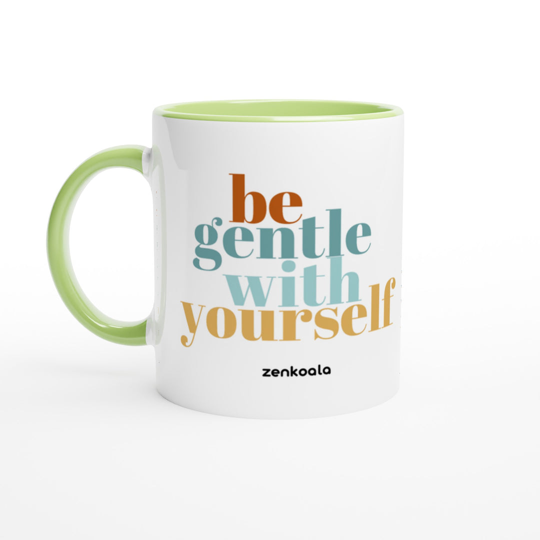 Be Gentle mug in green: white with a green rim, inside and handle, Zen Koala Australia