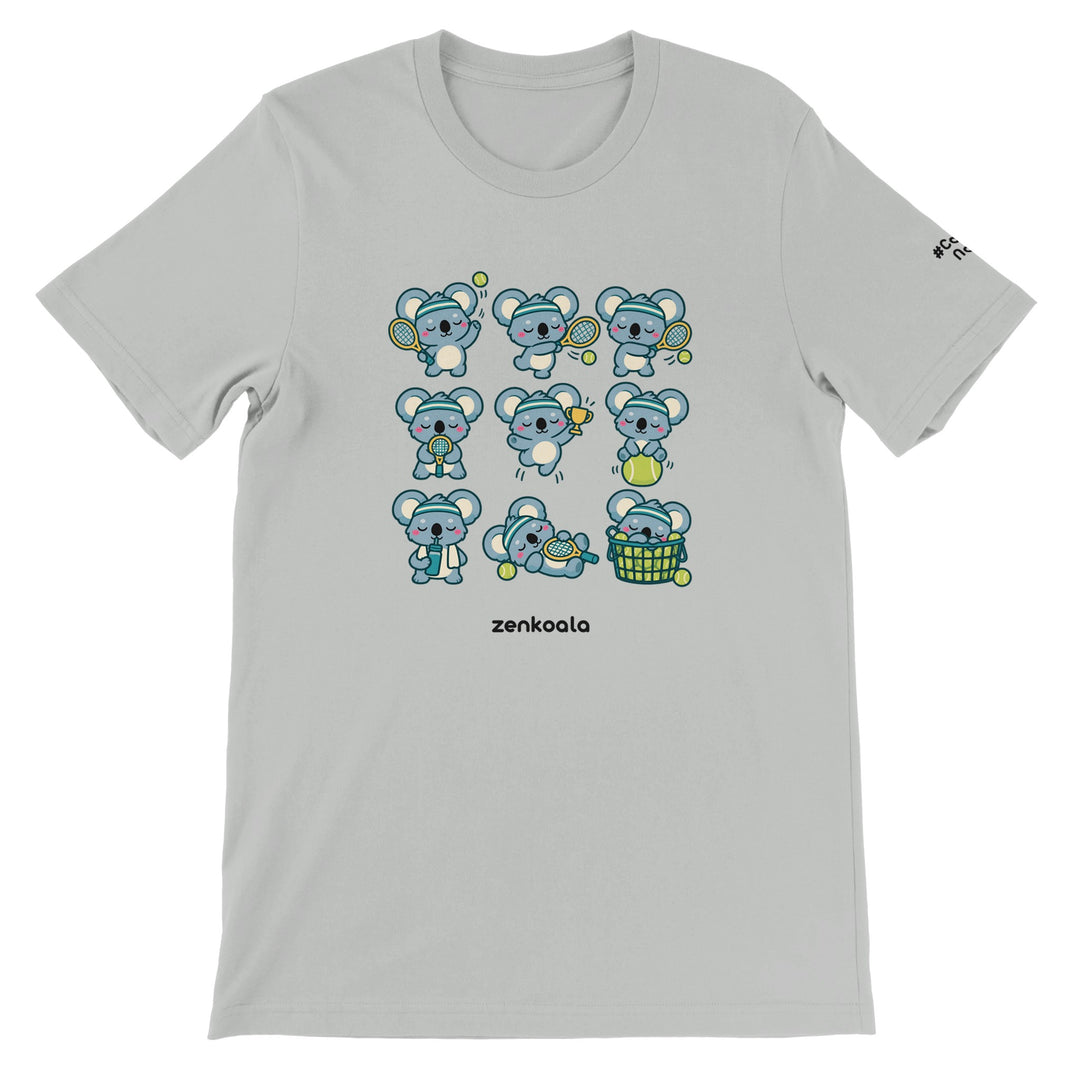 Tennis Koalas feel-good tee in silver: nine koalas playing tennis, Zen Koala Australia