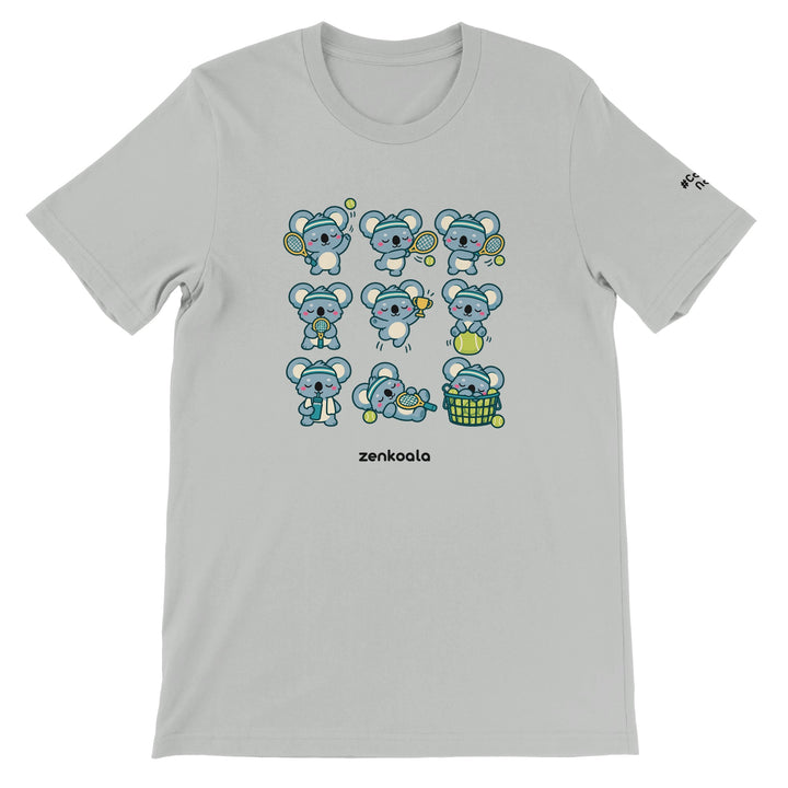 Tennis Koalas feel-good tee in silver: nine koalas playing tennis, Zen Koala Australia