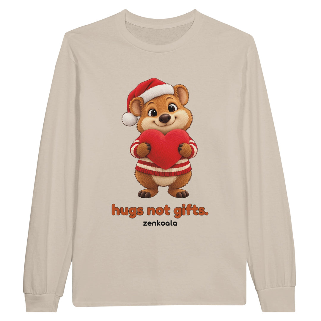 Hugs Not Gifts feel-good long sleeve tee in sand: a quokka holding a heart, Zen Koala Australia