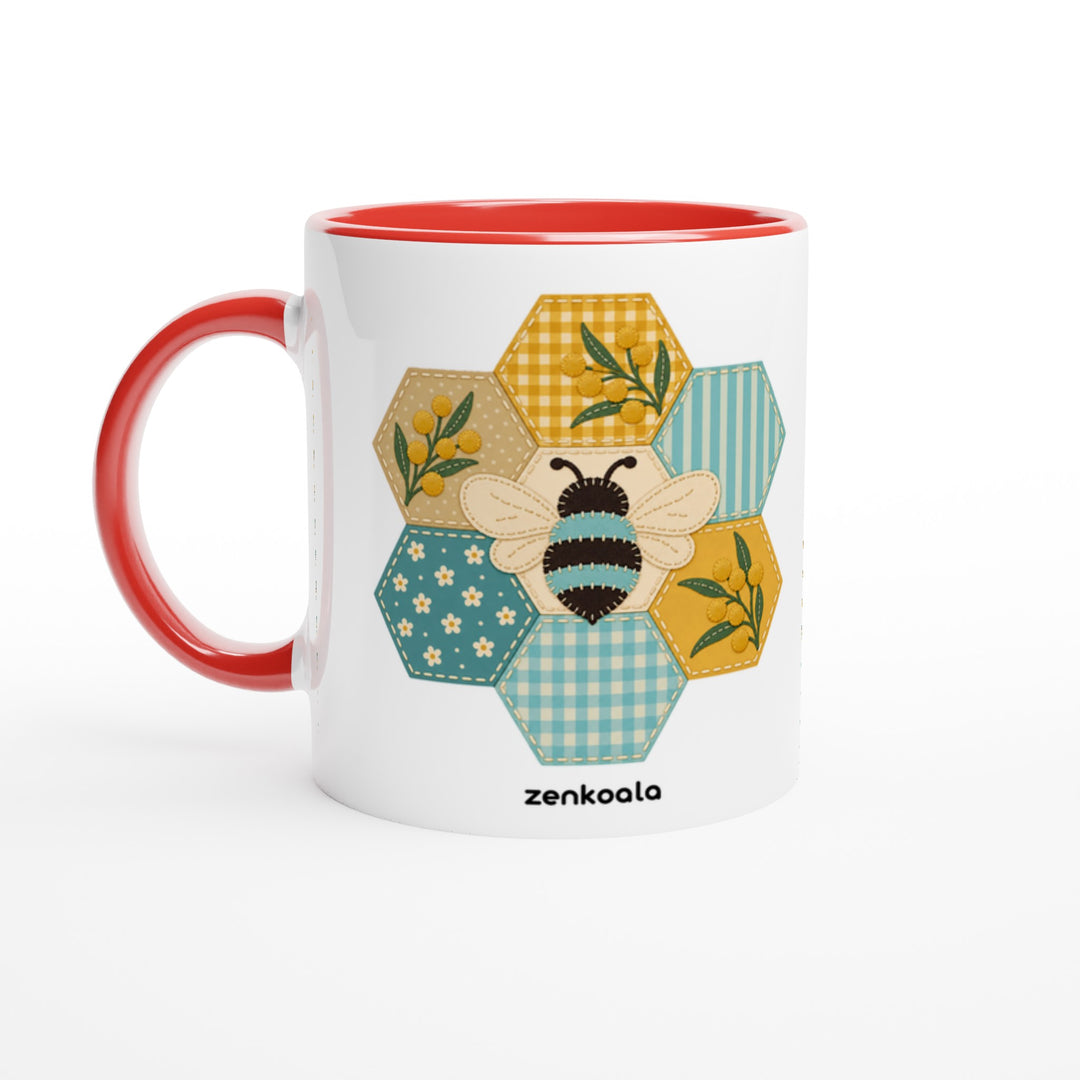 Honeycomb Bee mug in red: white with a red rim, inside and handle, Zen Koala Australia
