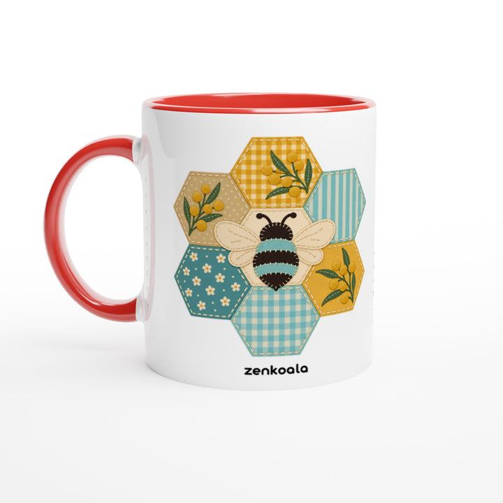 Honeycomb Bee mug in red: white with a red rim, inside and handle, Zen Koala Australia