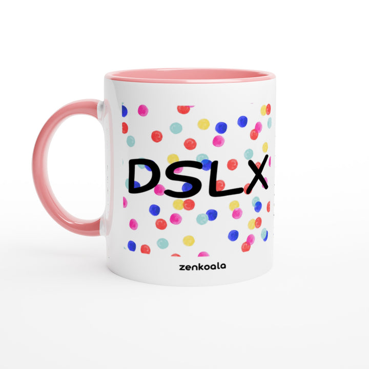 Dyslexia is my SuperPower feel-good mug: DSLX with confetti dots in every colour, Zen Koala Australia