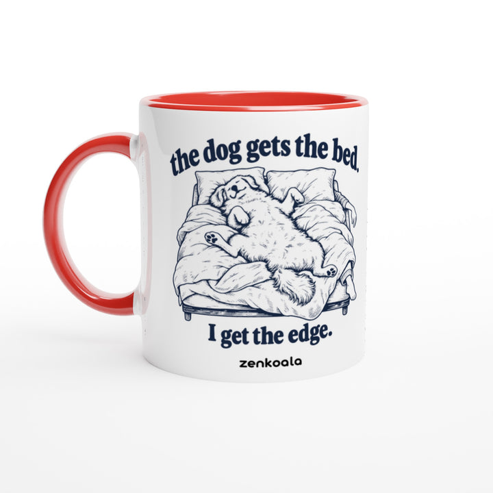 The Dog Gets the Bed mug in red: white with a red rim, inside and handle, Zen Koala Australia