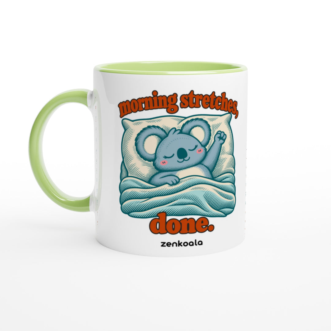 Morning Stretches Done mug in green: white with a green rim, inside and handle, Zen Koala Australia
