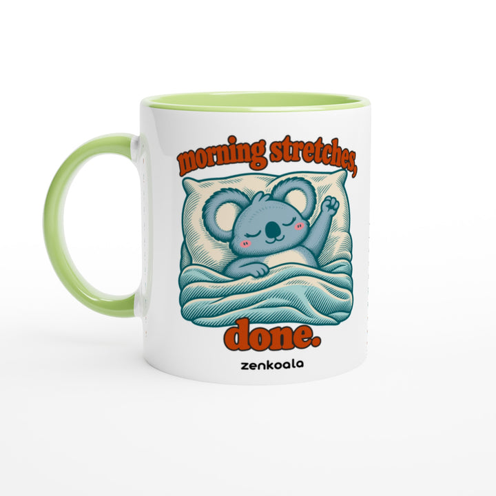 Morning Stretches Done mug in green: white with a green rim, inside and handle, Zen Koala Australia