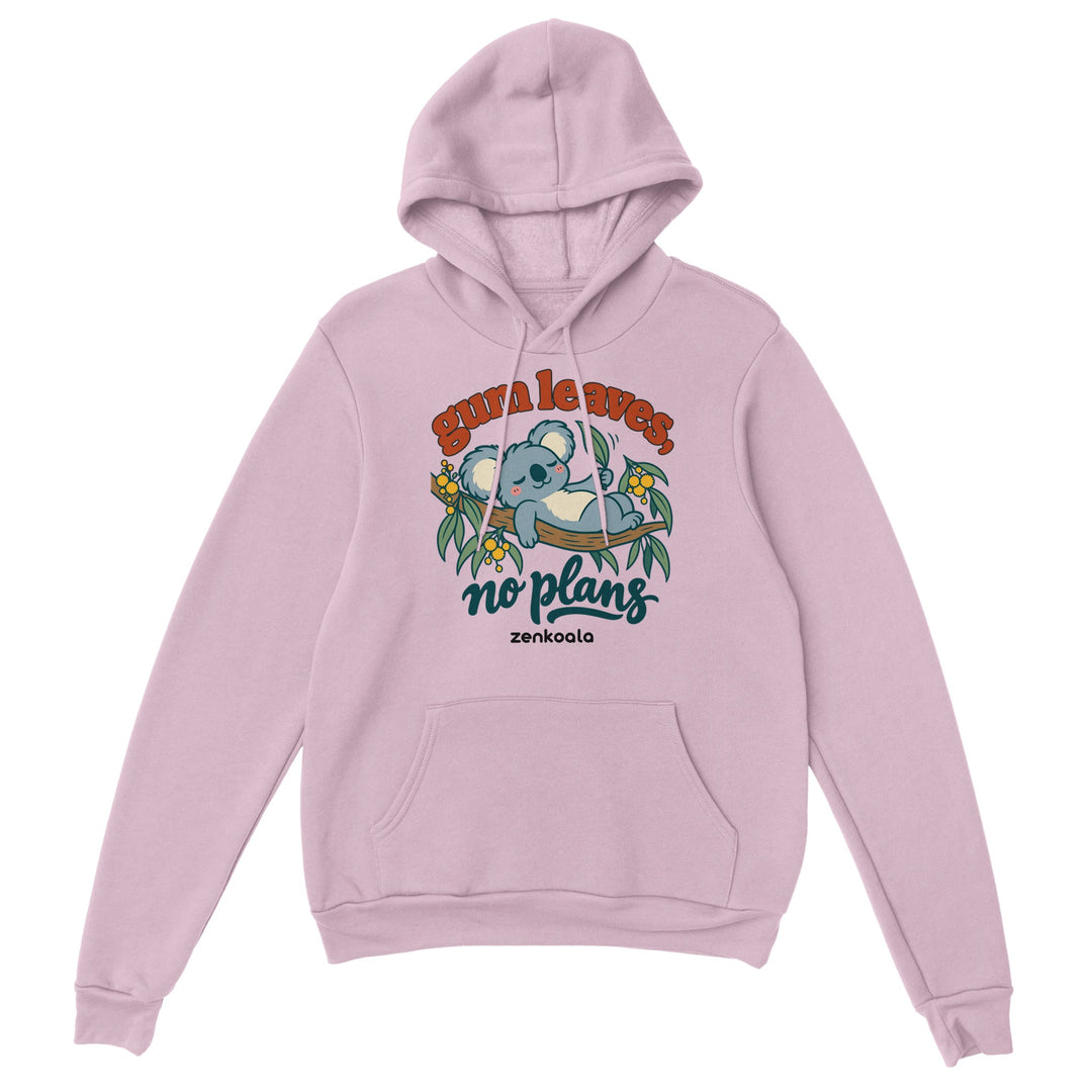 Gum Leaves No Plans feel-good hoodie in light pink, Zen Koala Australia
