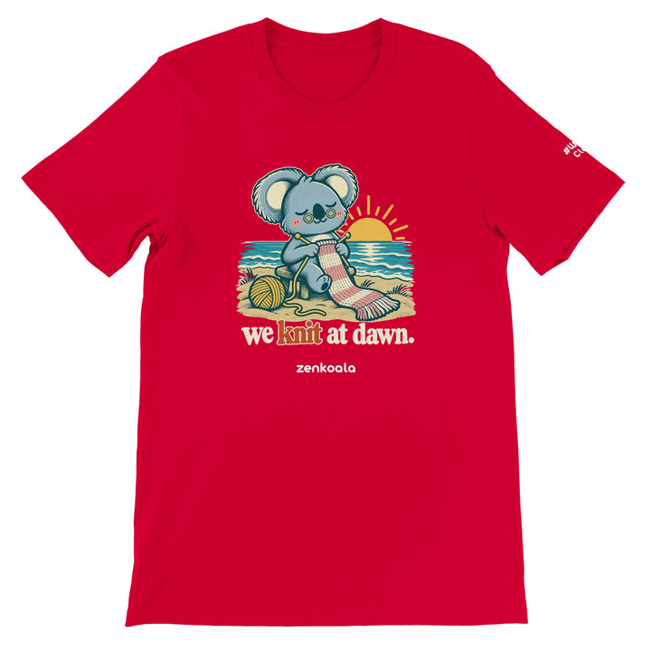 We Knit at Dawn feel-good tee in red, Zen Koala Australia