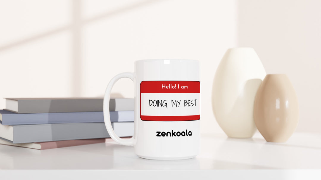 Doing My Best 15oz mug beside books and vases, Zen Koala Australia