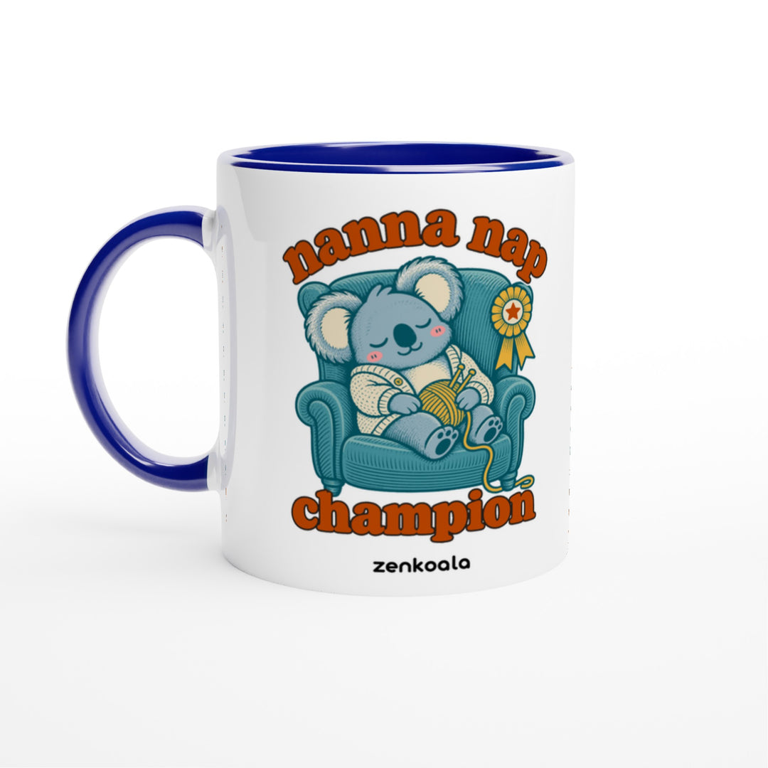 Nanna Nap Champion mug in blue: white with a blue rim, inside and handle, Zen Koala Australia