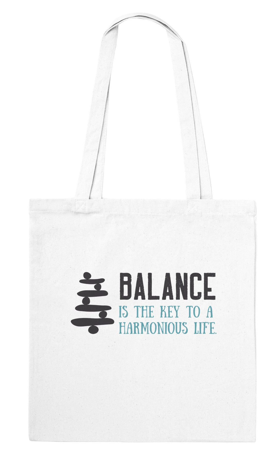 Balance feel-good tote bag in white: a stack of balancing stones, Zen Koala Australia