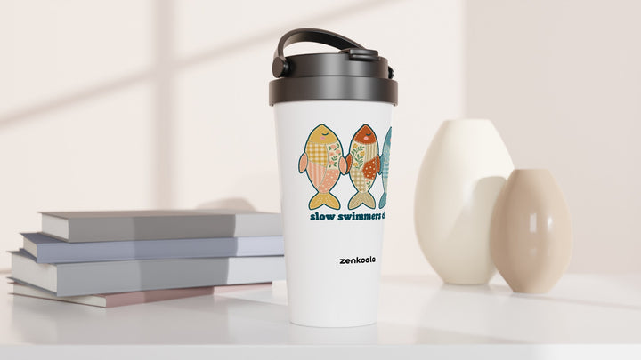 Slow Swimmers Club travel mug beside books and vases, Zen Koala Australia